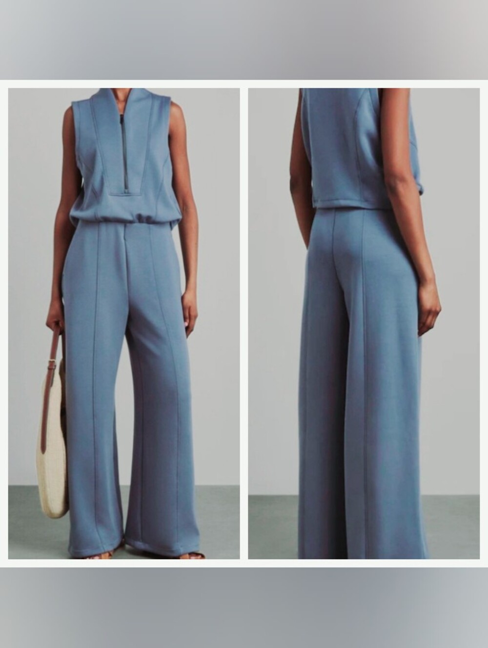 SPANX AirEssentials Shawl Collar Half Zip Jumpsuit In Blue (Rain Color) M